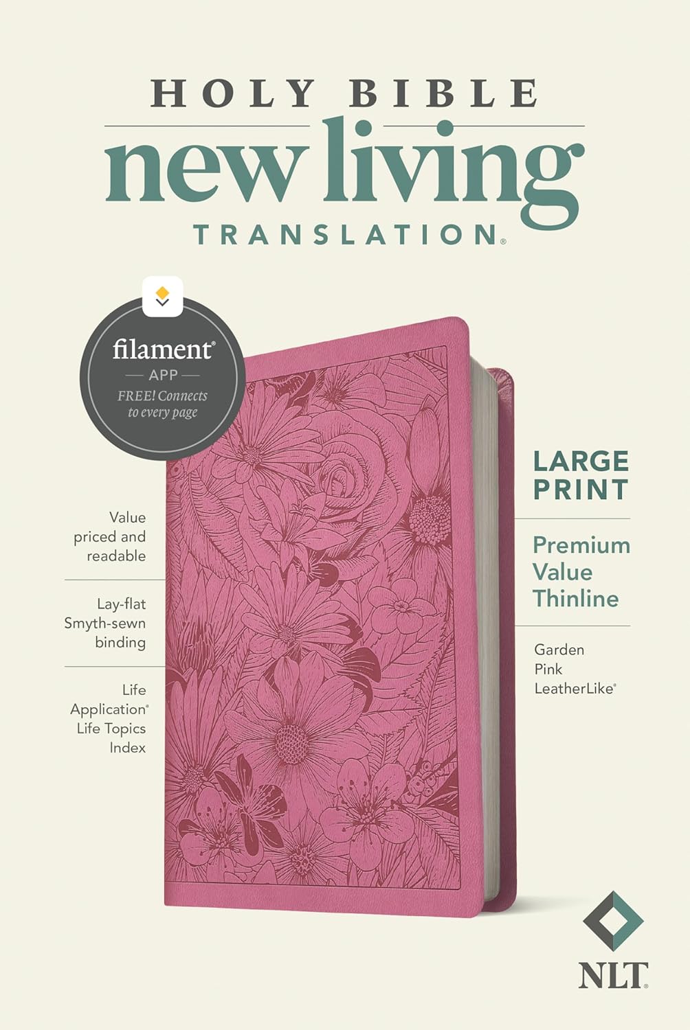 NLT Large Print Thinline Bible + Boho Bible Tabs Bundle | Garden Pink Floral LeatherLike