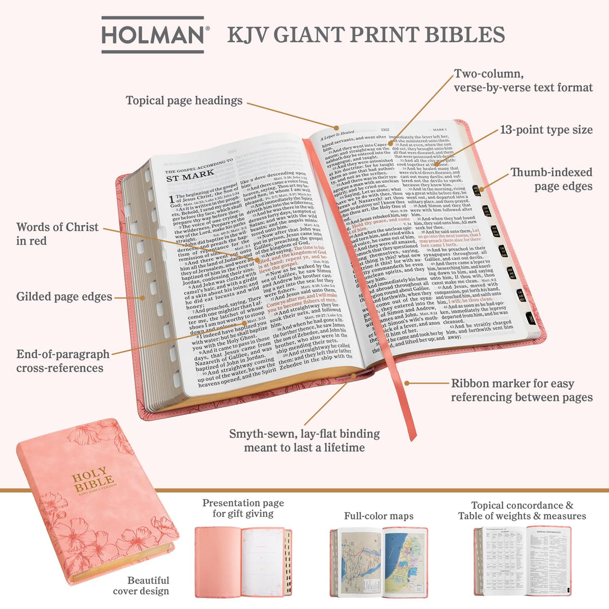 Holman KJV Giant Print Women's Bible | Pink Floral Faux Leather, Thumb-Indexed, Red Letter