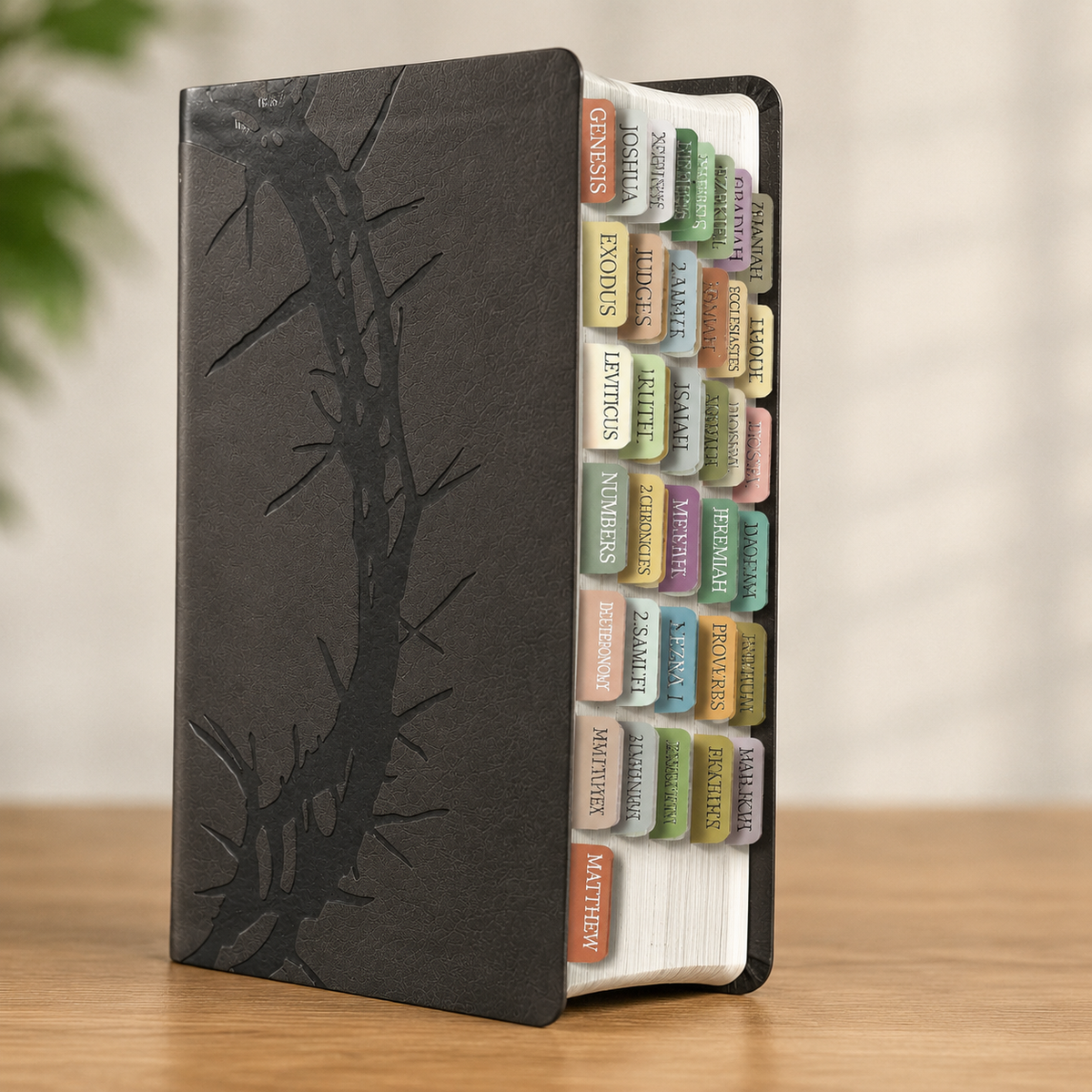 KJV Large Print Bible + 75 Bible Tabs Bundle | Charcoal LeatherTouch, Red Letter, Lay-Flat