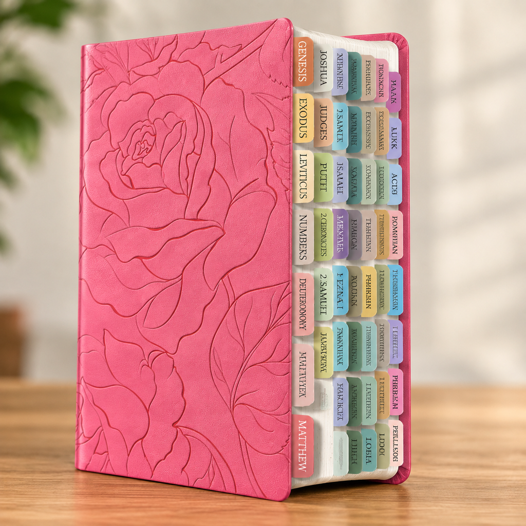 NLT Large Print Thinline Bible + Boho Bible Tabs Bundle | Garden Pink Floral LeatherLike